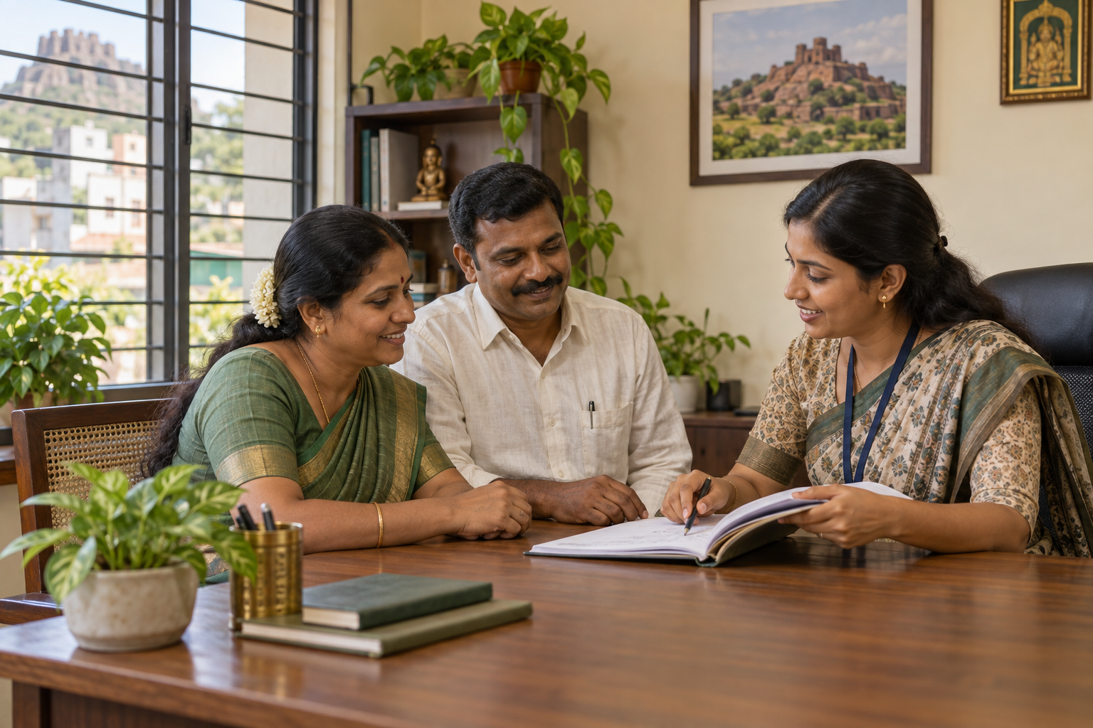 ಸಲಹೆಗಾರರೊಂದಿಗೆ ಉಳಿತಾಯದ ಕುರಿತು ಚರ್ಚಿಸುತ್ತಿರುವ ದಕ್ಷಿಣ ಭಾರತದ ಗ್ರಾಹಕರ ಸಾಂದರ್ಭಿಕ ಚಿತ್ರ
